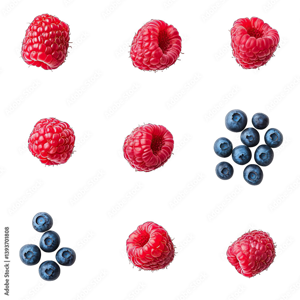 Aufkleber grid of fresh raspberries and blueberries arranged in a visually appealing manner emphasizing their 