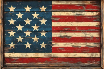 Independence Day Vintage Poster with Wooden Background and USA Flag Elements