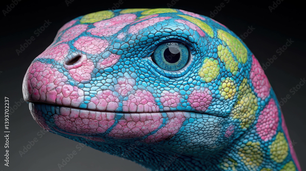 Poster colorful lizard close-up with unique patterns on skin in bright tones and textures