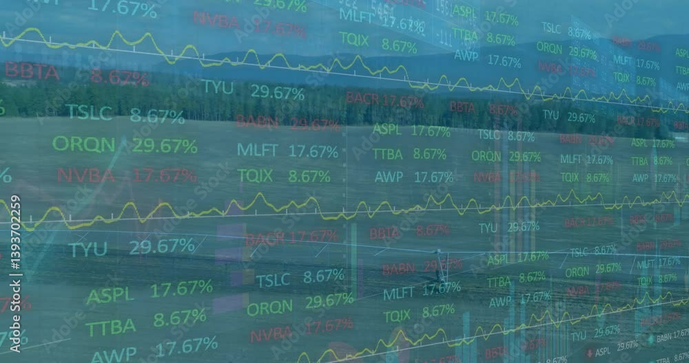 Poster overlaying scenic landscape with trees, animation of stock market data and graphs