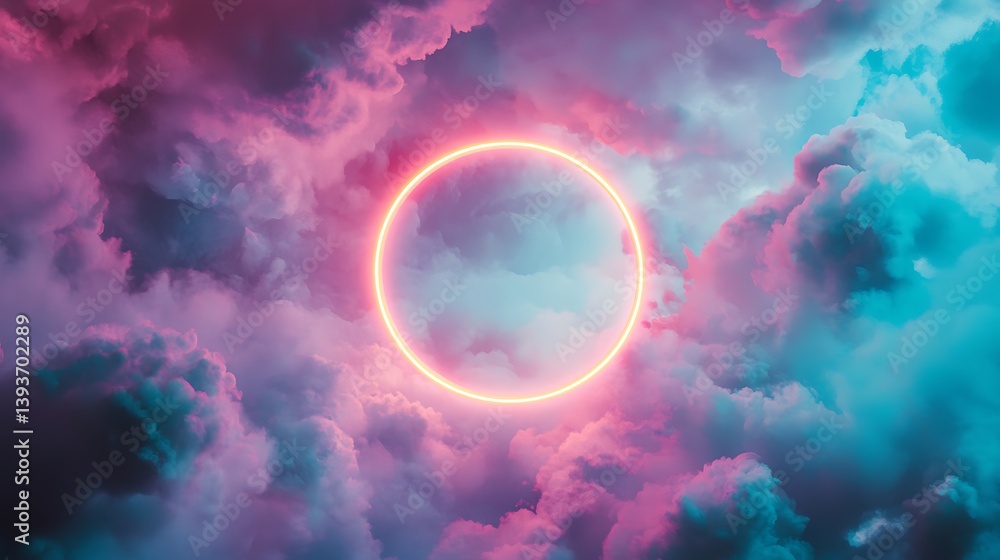 Poster a vibrant digital art representation of swirling clouds in shades of pink and blue, with a glowing c
