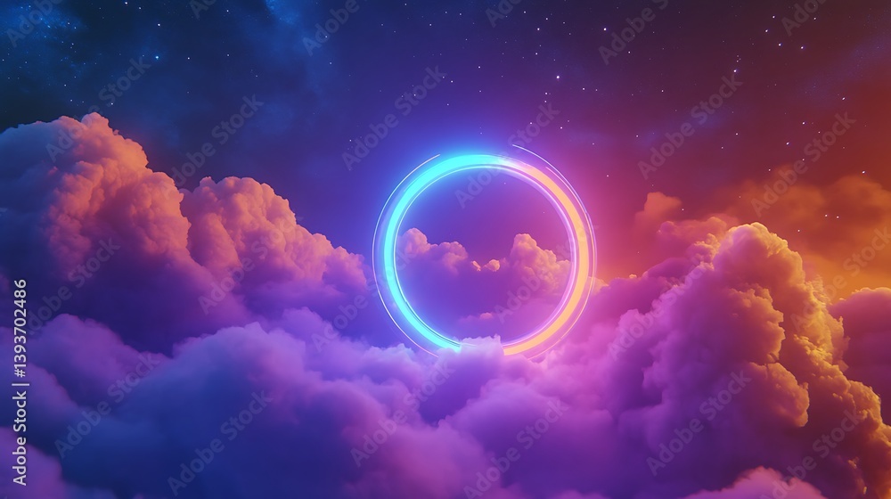 Poster vibrant digital representation of a glowing circular structure emerging between colorful clouds agai