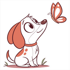 Cute Dog and Butterfly Illustration on White Background