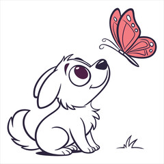 Cute Dog and Butterfly Illustration on White Background