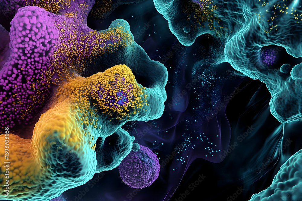 Poster a detailed visualization of complex cellular interactions and structures.