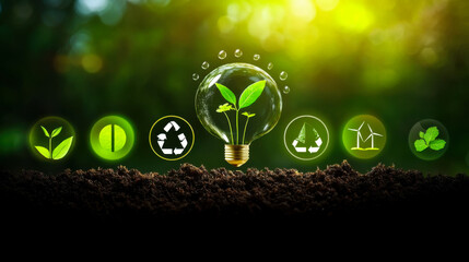 Tree growing on soil and environmentally friendly energy icons. earth day concept renewable energy to generate electricity