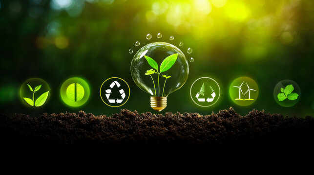 Tree growing on soil and environmentally friendly energy icons. earth day concept renewable energy to generate electricity