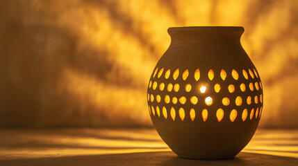Decorative Clay Pot with Holes Casting Shadows on Warm Background in Soft Light