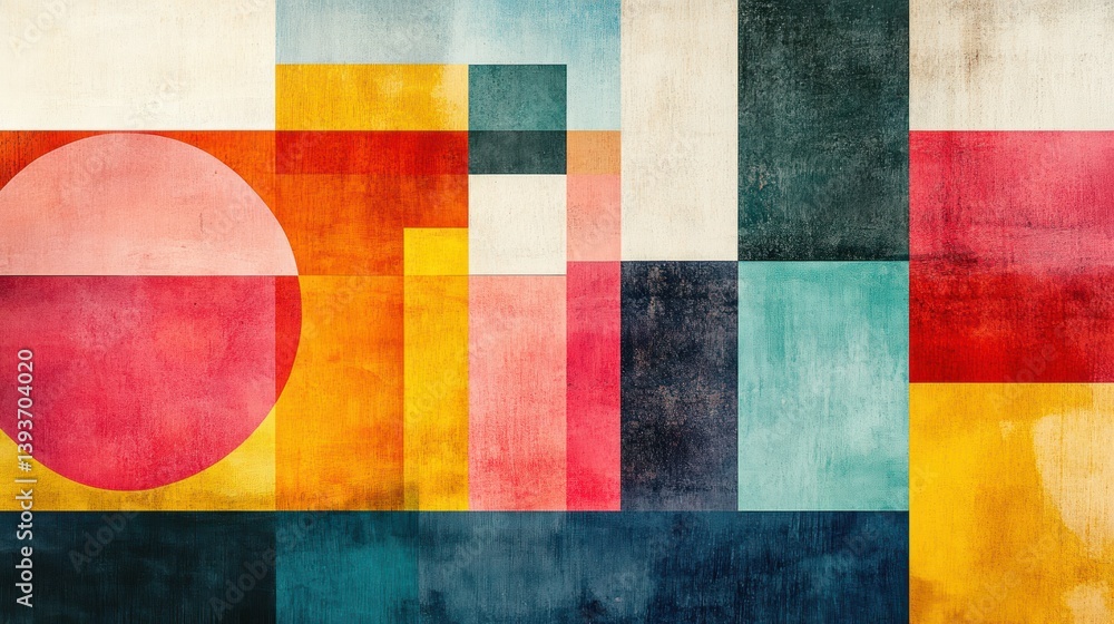 Poster abstract geometric composition with warm and cool colors featuring rectangles squares and a circle a
