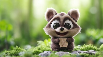 Obraz premium Cute raccoon sits in mossy forest