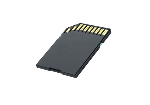 A floating SD memory card, horizontally aligned, on a solid white background