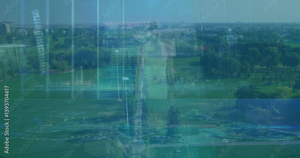 Poster man running over digital data processing animation with cityscape in background