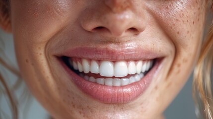 Fototapeta premium A joyful young woman showcases her radiant smile, highlighting her beautiful freckles and bright white teeth. The warmth of her expression adds charm to the atmosphere around her.