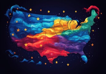 Colorful Map of the United States with State Flags in Minimalist Flat Design