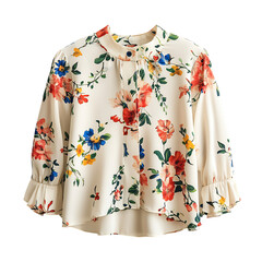 A Cute Floral Print Blouse with Bell Sleeves Isolated on Transparent Background