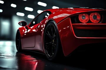 Red Sports Car in Dramatic Lighting with Sleek Design and Minimalistic Background
