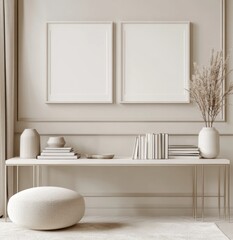 Neutral-toned living room with double framed artwork and console table