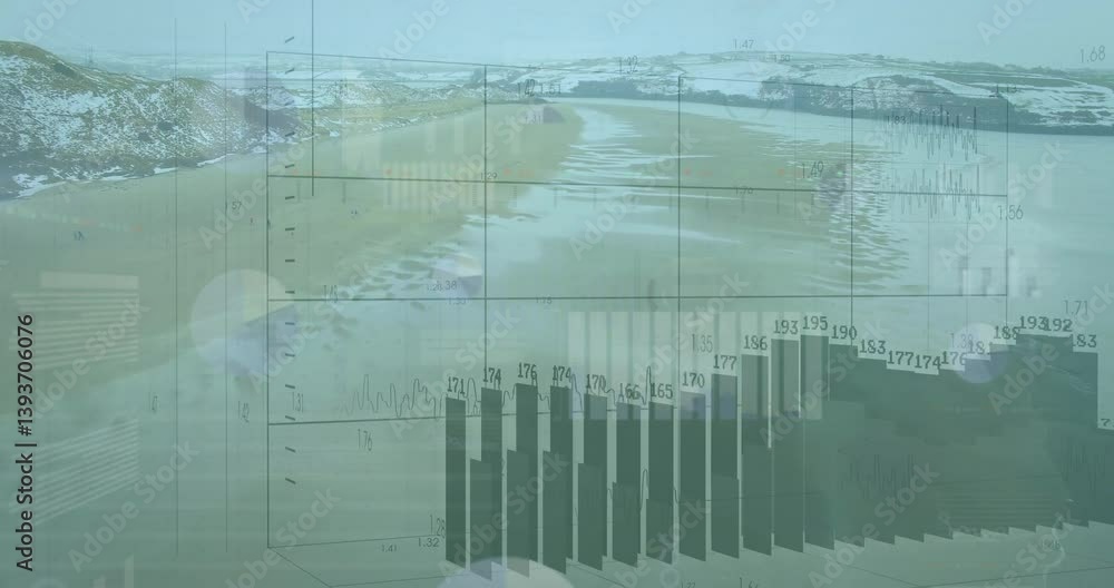 Poster animation of bar graphs and data charts overlaying serene snowy landscape scene