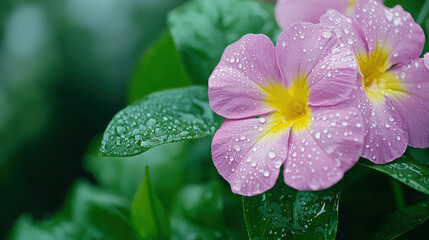 Pink Flower with Water Droplets on Green Leaves in Soft Focus Natural Background