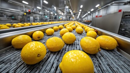 Freshly harvested lemons roll along a conveyor belt in a large processing facility, highlighting the efficiency of modern agriculture and the vibrancy of citrus during the peak of harvest season.