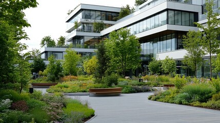 Modern office building courtyard with lush landscaping, featuring paved walkways, benches, and diverse flora.