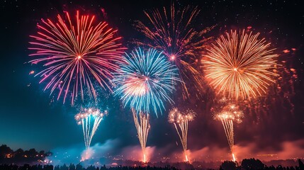 Vibrant fireworks lighting up the night sky, creating a festive and celebratory atmosphere.