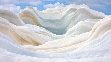 Obraz premium Abstract layered terrain. Soft, undulating white, tan, and blue hills under a partly cloudy sky
