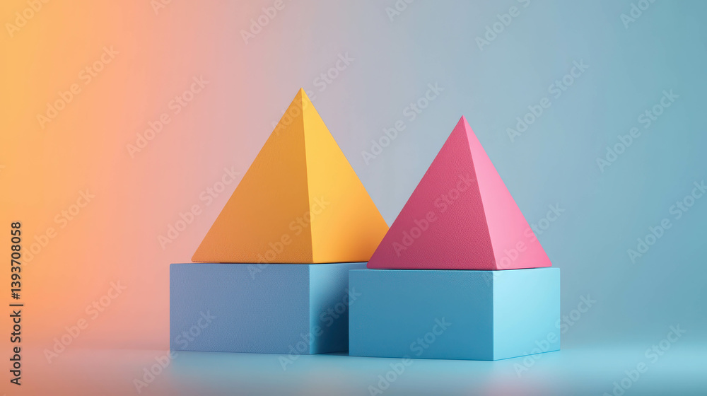 Poster colorful geometric shapes with triangles and cubes on soft gradient background