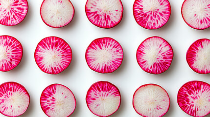 Cross-sections of radishes are arranged in a repeating pattern displaying their vibrant pink and white interiors against a bright background.