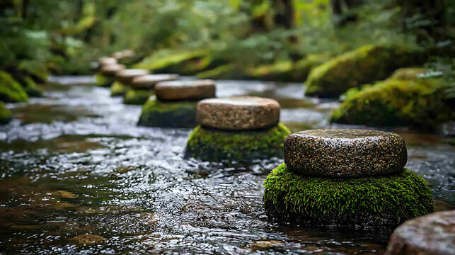 Stepping stones across a shallow stream surrounded by mossy rocks in a lush green forest.