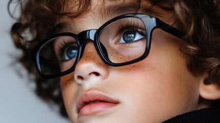 Fototapeta premium Close-up of a boy wearing eyeglasses. Intrigued expression, curly hair, and bright eyes