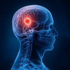 A glowing red brain cancer cell in the head of an adult man, medical illustration