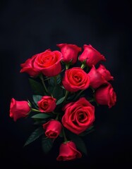 Fototapeta premium A dark, moody backdrop features a vibrant bouquet of red roses, offering ample negative space, sophisticated, monochrome, floral