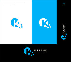 K Brand Logo Design Modern, Blue, Circle, Letter K, Digital, Pixelated, Abstract, Tech, Creative, 