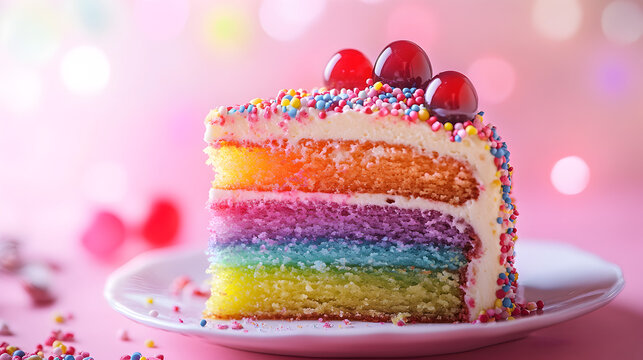 un postre de pastel colorido arco iris pastel para celebraciones o fiesta de cumplea&ntilde;os con crema batida y chispas de colores