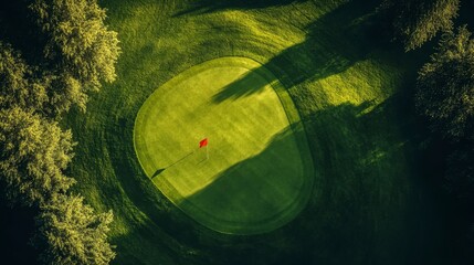 Aerial View of Golf Green with Red Flag on Sunny Day