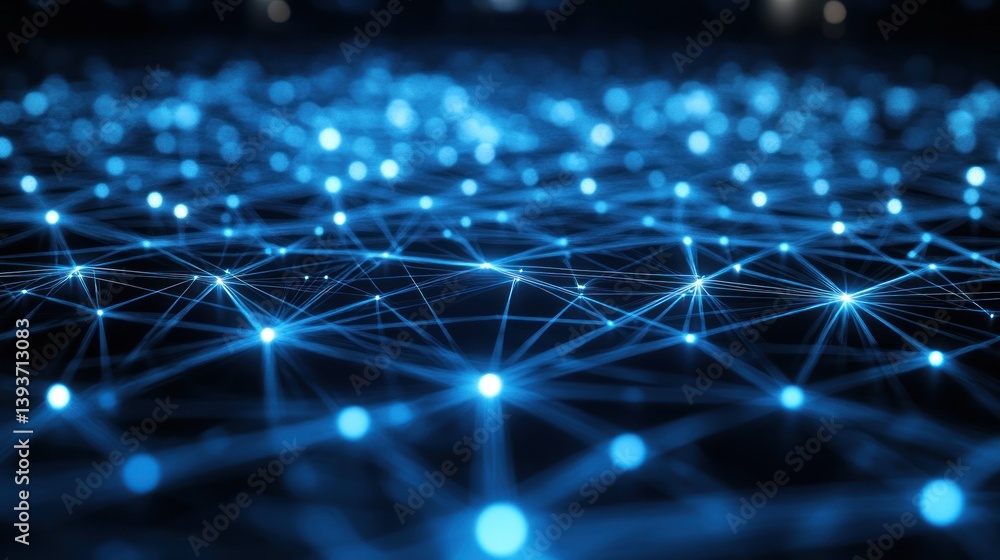 Poster illuminated blue nodes and interconnecting lines representing data connectivity or a digital neural 