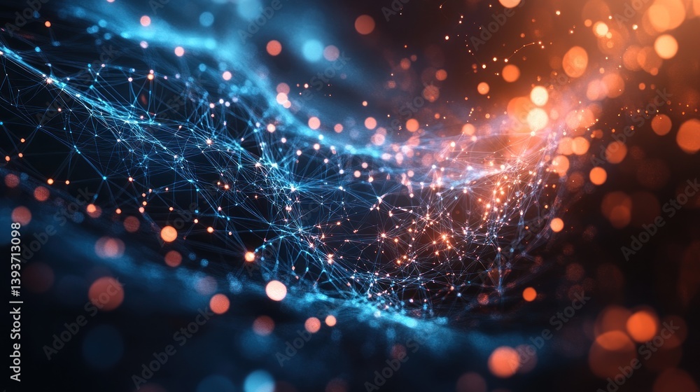 Poster interconnected network of blue nodes and lines merging into warm orange light creating a dynamic dig