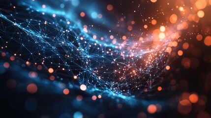 interconnected network of blue nodes and lines merging into warm orange light creating a dynamic digital representation