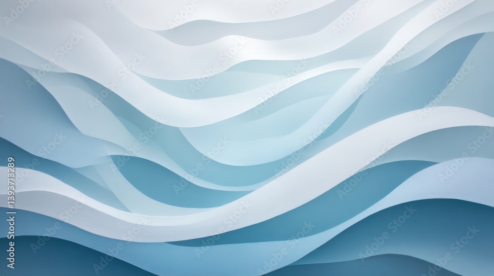 Poster abstract waves. blue, white layered flowing design suggesting sea or sky with depth and soft light