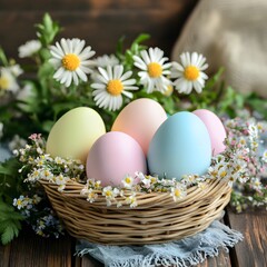 Fototapeta premium Basket of Easter eggs with daisies