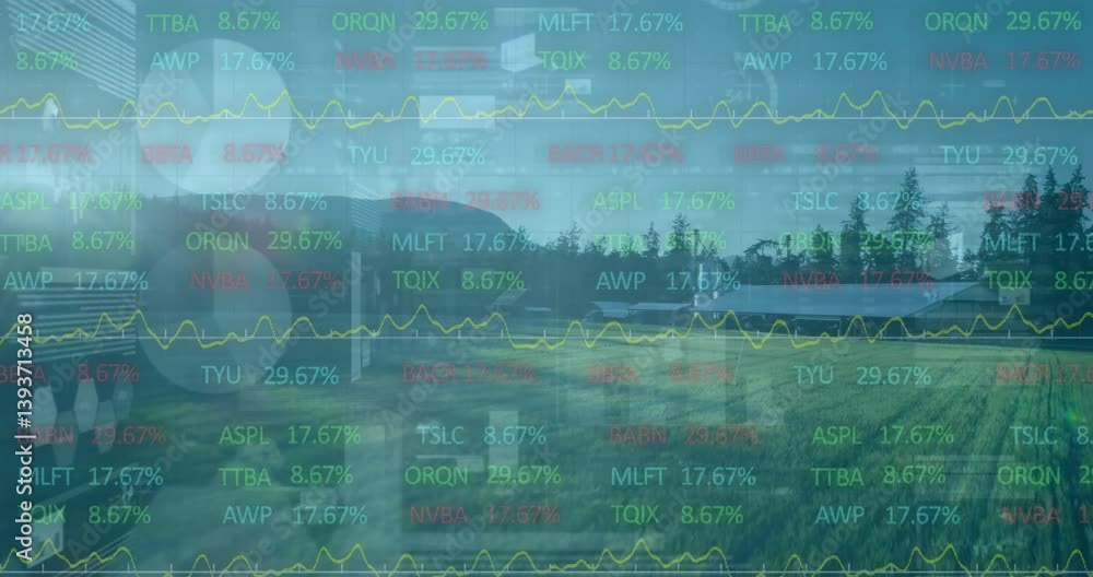 Poster animation of stock market data and graphs overlaying scenic landscape with trees