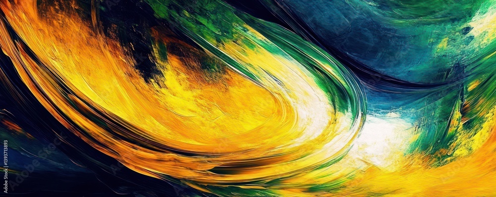 Poster abstract expressionism painting with bold strokes and dynamic lines in vivid yellow green and deep b