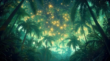 Obraz premium Enchanted Tropical Night: A Dreamlike Jungle Landscape Under a Starry Sky