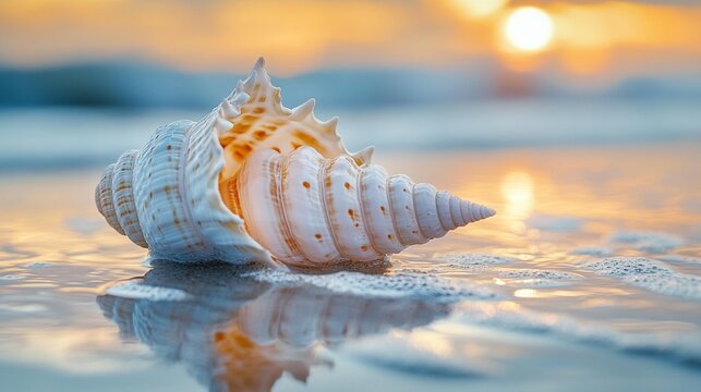 Seashell on sandy beach at sunset, reflecting in wet sand.