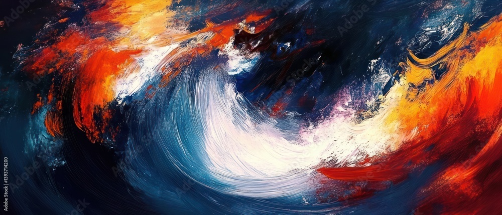 Poster abstract expressionism dynamic brushstrokes vibrant color palette intense contrast swirling composit