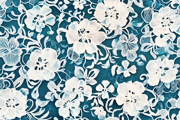 Seamless detailed Artichoke lace pattern featuring intricate floral designs on a teal background. The white lace contrasts beautifully with the vibrant color, creating an elegant.