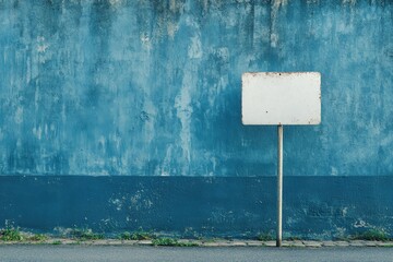 A weathered white signpost stands before a blue textured wall