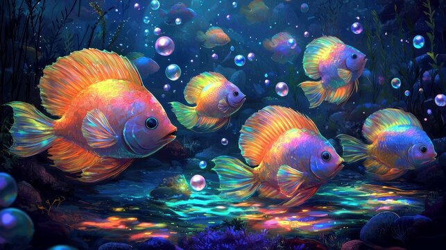 Enchanted Underwater Realm: Vibrant Rainbow Fish in a Magical, Luminous Ocean Scene