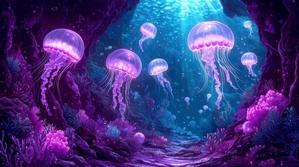 Fototapeta premium Enchanted Underwater World: Glowing Jellyfish in a Purple Ocean Cave. A mesmerizing digital art of vibrant marine life and coral reef.